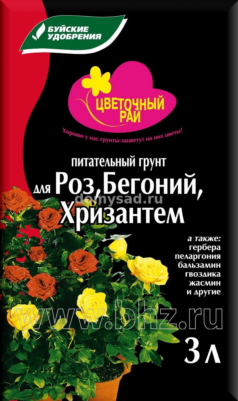 Грунт Цветочный рай для Роз, Бегоний и Хризантем 3л./6 БХЗ (504шт в поддоне)